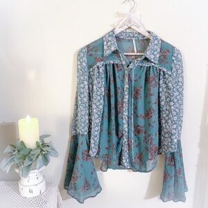 Free People Serena Floral Print Blouse / Top Emerald
